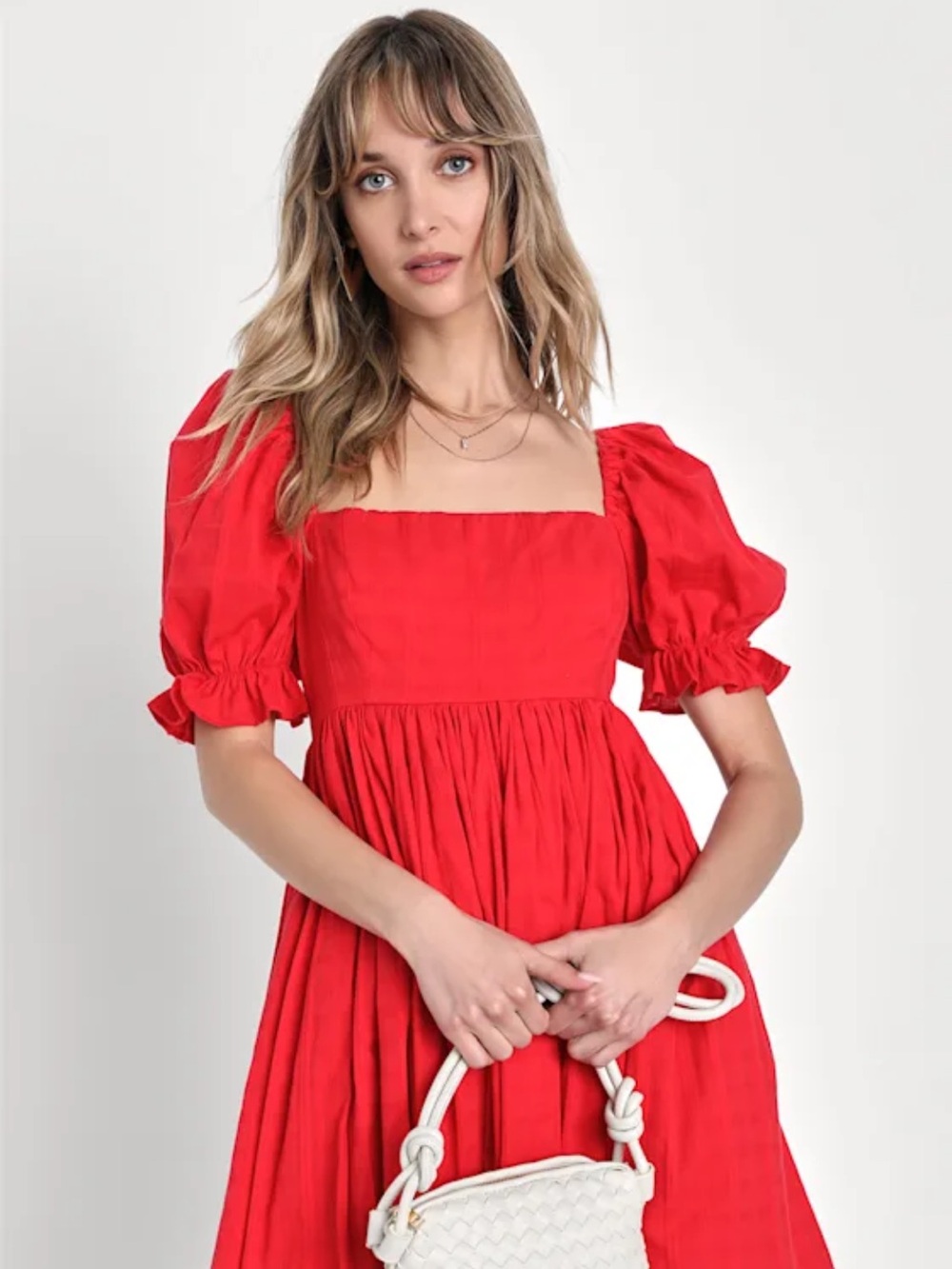Lulu's A Day in Paris Red Square Neck Puff Sleeve Babydoll Dress